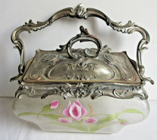 Seau à biscuits rect. armature Louis XV, Art Nouveau, émaillé Legras: Lys roses