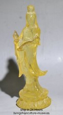 6.4" Old Chinese Yellow Amber Carving Kwan-yin Guan Yin Goddess Ruyi Statue