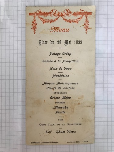 Menu ancien mai 1933 - ancien,
