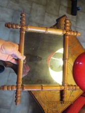 Ancien Joli Petit Miroir de Hall d'entrée en Bois Tourné style Bambou