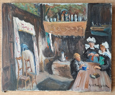 Huile sur toile signée René Le Forestier - scène d'intérieur breton