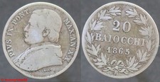 Vatican ! 20 BAIOCCHI PIUS IX Argent  1865 R  en TB