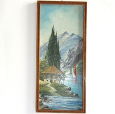 Lac de Montagne Tableau Signé Asti Cadre marqueterie de paille