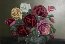 Ancienne nature morte aux fleurs peinture à l'huile roses