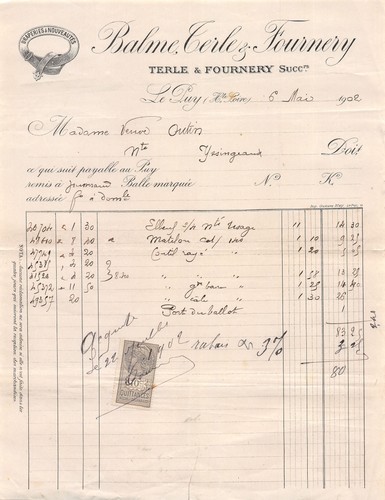 Facture 1902 balme - , terle