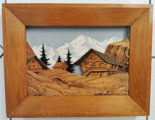Tableau kitsch chalets dans la montagne relief bois 3D vintage signé ATOS