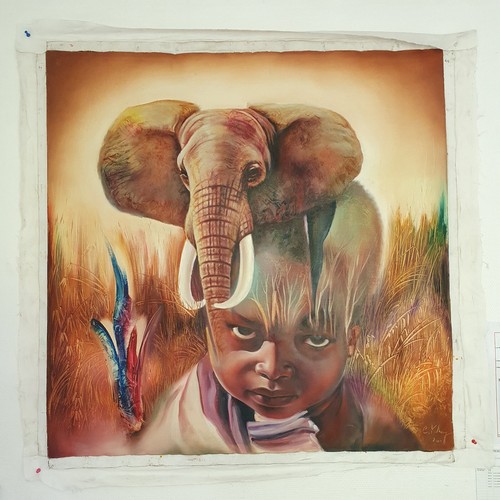 Afrique enfant eléphant huile - eléphant,