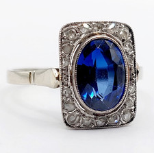 Bague pompadour art deco or blanc 18k saphir et diamant taille rose (circa 1910)