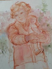 André Ruy Petroff (1894- 1975) Pastel Petite Fille Et Poupée Grande Œuvre Russe