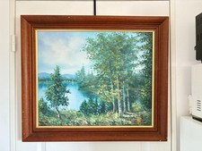 Ancien Tableau Peinture Huile Toile Lac Rivière Montagne Forêt Cachet Artiste