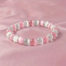 Bracelet de perles Œil de chat rose et Œil de chat blanc, Sur mesure