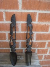 Vintage 14" Length ** ORNATE & NICE ** Carved Wood Fork and Spoon Set Art Decor 