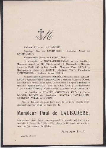 1931 faire part - 1931, décès