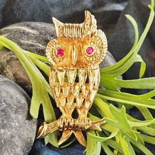 Broche Vintage Hibou Chouette Plaqué Or Jaune Poinçonnée Zircons