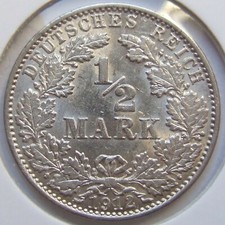 Pièce Allemande Empire Allemand Argent 1/2 MARK 1912 J En Extrêmement Fine