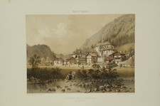Lithographie couleur originale Abbaye et village d'Abondance Haute Savoie