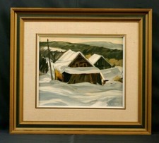 Tableau 1981 Michel Lapensée Canada Chalets Neige Cristine-ville Grange Morin