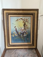 Ancien Tableau Peinture Huile Toile Fleurs Japonais Chinois Japonisant