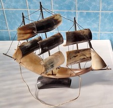 🌟 Ancien BATEAU 3 MATS en CORNE bovine, monté en lampe d'ambiance (fonctionne)