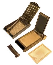 Élégant poudrier porte-cigarettes vintage bi-face nacre & métal doré 3 fonctions