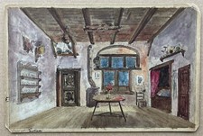 Dessin Original Ancien Maquette Décor Théâtre Salle Bois Poêle Fenêtre Vitraux