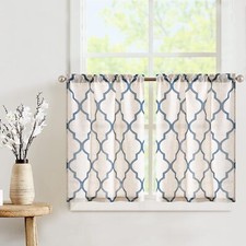 Lot de 2 Rideau Cuisine Imprimé Marocain Rideau Lin Bleu avec Motif Losange F...