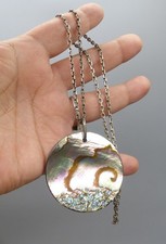 Collier Vintage Argent Massif et Pendentif en Nacre Abalone - Necklace