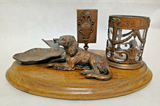 Superbe ancien serviteur de bureau et nécessaire à tabac  bronze laiton? et bois