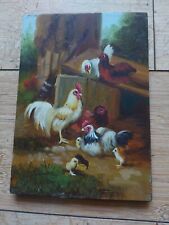 Tableau , huile sur bois XIX EM , poulailler , poule , coq , basse cour