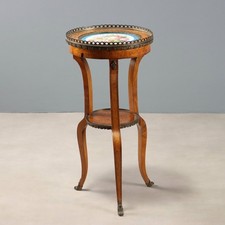 Table Basse Ancienne Noyer Céramique Peinte du XXe Siècle Originale