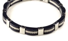 Bracelet Manchette Homme en Acier Inoxydable Et Caoutchouc Noir Et Silver