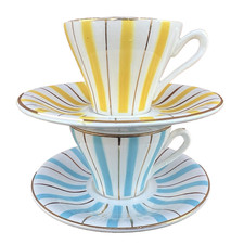 2 Tasses à café anciennes Digoin France jaune bleu pastel doré vintage rétro