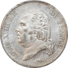 X4697 Rare 5 Francs Louis XVIII 1823 W Lille Argent Silver UNC - > Faire Offre