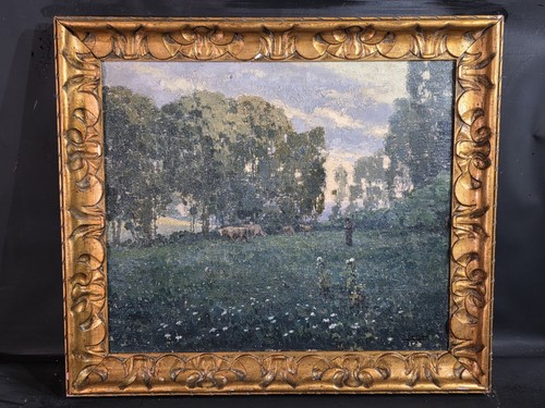 Tableau huile bèrgère vaches - huile,