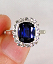 BAGUE POMPADOUR ART DECO OR BLANC 18K PLATINE SAPHIR BLEU ROYAL  ROSES DIAMANTS