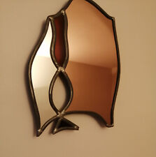 Vitrail artisanal 23/29cm, cloisonné, miroir cuivré et argenté, verre brun/jaune