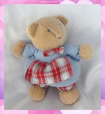 Doudou Peluche Ours Marron Robe Bleu Carreaux Rouge Blanc Jacadi 17 cm