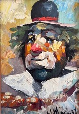 Ancien tableau huile sur panneau signé William Moninet, portrait de clown Cirque