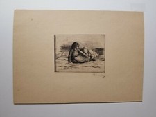 MAURIN Charles; [Jeune fille assise avec deux enfants]; pointe sèche originale.