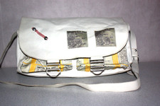 CATHERINE PARRA Sac Bowling Cuir et Coton Blanc Cassé TBE