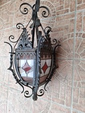 Ancienne Suspension Lanterne en fer forgé avec vitraux cloisonnés. Années 1930.