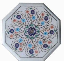 12 " Marbre Blanc Coin Table Top Floral Incrustation Demi Précieux Pierre