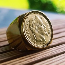 Bague Chevalière Carré 20 Francs Napoléon III en Acier Inoxydable Doré Or fin 