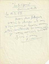 LETTRE AUTOGRAPHE PICASSO ADRESSE A MAX PELLEQUER   LE 12 02 1958