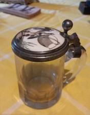 Chope/Verre À Bières 1900 Décors Héron Pèche Humour Émaillé 