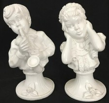 Two Bust Statues BOY w/ SAXOPHONE & GIRL COVERING EARS by Vaugn Kendrick 1971