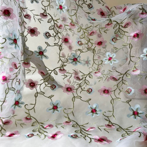 Bleu rose floral broderie - bleu,