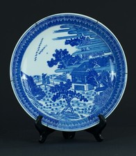 Ancienne assiette plat  porcelaine blanc bleu Chine  Wanli paysage animé China