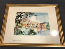 Ancien tableau aquarelle signée Riva del Garda lac de Garde Italie et cadre doré