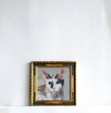 CADRE ANCIEN BOIS DORE PEINTURE HUILE SUR TOILE "CHAT AUX YEUX BLEUS"